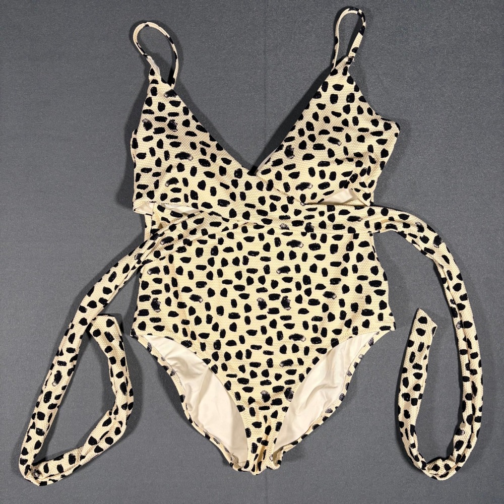 Aerie Pique Wrap One Piece Swimsuit‎ Medium Cream/Black Polka Dot